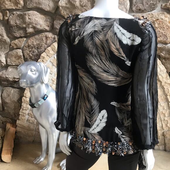 Diane von Furstenberg Silk Feather Long Sleeve Black Shirt Women's Size Medium - Picture 5 of 8